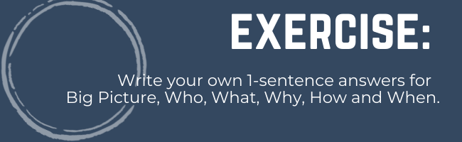 exercise: write sentences for your business's big picture, who, what, why, how and when.