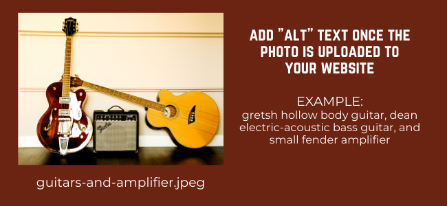 gretsh guitar, dean electric-acoustic guitar and fender amp used as an example of ALT text