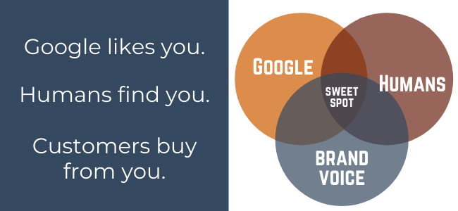 A venn diagram. Website copy needs to be written for google, humans and with brand voice in mind.